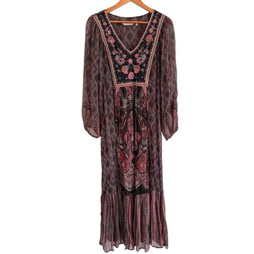 Soft Surroundings Pink and Black Floral Boho Maxi Dress With Beadwork & Sequins